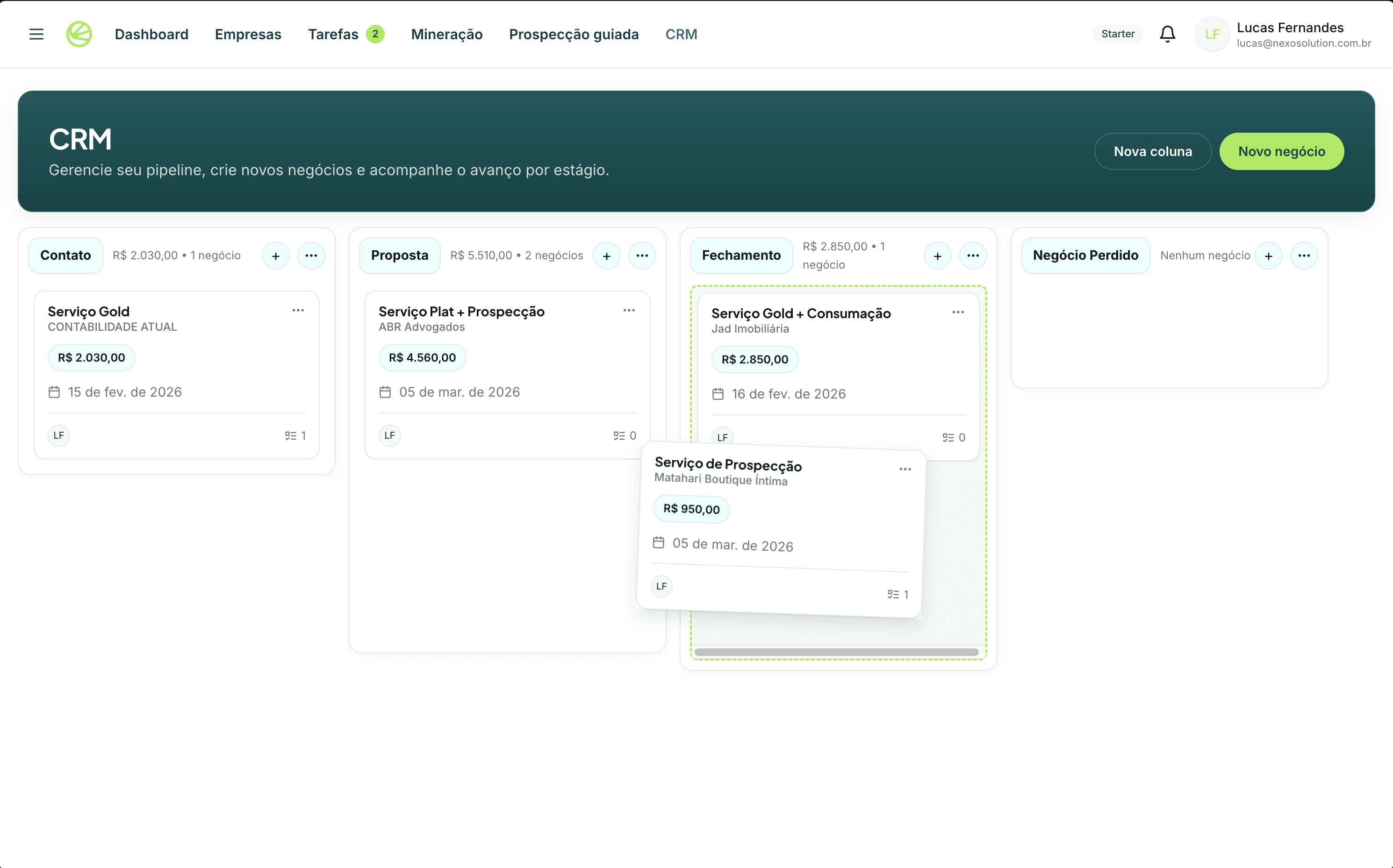 Tela do CRM de prospecção da Torêva